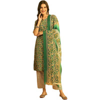 Pinkmint Salwar Suit Set For Women Cotton Leaf Printed Long Knee Length Straight Kurta Set (Pack Of 1) Green