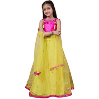 Pspeaches Girl's Net With Dupatta (L-Yellowtikli-8- Yellow_8-10Y)