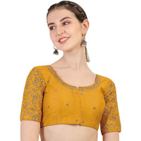 Pujia Mills Women's Silk Embroidery Half Sleeve Blouse (Flower Blouse_Yellow_36)