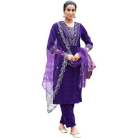Sanisa Women's Velvet Sequins And Embroidery Work Straight Kurta With Pant And Dupatta Set (224Kbd2375N-L_Violet)