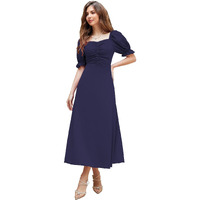 Shasmi Girl's & Women's Solid Navy Blue A-Line Ruched Puff Sleeve Maxi Long Evening One Piece Long Dress For Women Stylish (Dress 131 N Blue-Xl)