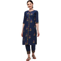 Shasmi Women's Floral Print Cotton Embroidered Lece Kurta, Trouser/Pant (Kurta Dress 34) (X-Large, N Blue)