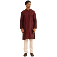 Sojanya (Since 1958 Men's Silk Blend Self Design Maroon Kurta And Churidar Pyjama Set
