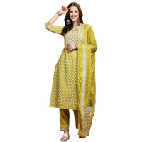 Stylum Women's Printed & Embellished Cotton Straight Kurta Pant Dupatta Set (Kpdcorndrive42_Corn, Xl)