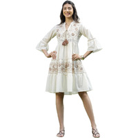 Stylum Women's Solid & Embroidered Cotton Tiered Dress (Drswhiteshiba40_White, L)
