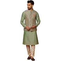 Kisah Men's Grey And Green Kurta Jacket Trousers Set Cotton Blend, Woven Design, Full Sleeves, Straight, Regular Fit, Mandarin Collar Ethnic Wear