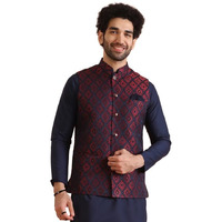 Kisah Mens Nehru Jacket|Silk Blend Waistcoat For Men Jacquard Pattern Mens Ethnic Wear|Regular Fit Mandarin Collar Sleeveless, Navy Blue, 38