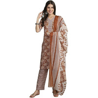 Pinkmint Fancy Kurta Set For Women Cotton Printed Straight Knee Length Formal Suit Set (Pack Of 1) Dark Coffee