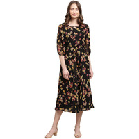 Preneum Women's Maxi Fit & Flare Latest Style Print Georgette Regular Sleeves Casual Summer Maxi Dress || Festival & Occasion, Black, M