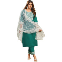 Sanisa Women's Cotton Blend Sequence And Embroidery Work Straight Kurta With Pant And Dupatta Set (193Kbd2054N-S_Teal Green2)