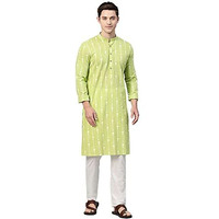 See Designs Men's Lime Green Printed Cotton Mandarin Collar Side Slit Kurta With Pyajama - Sd2Kt89001Xl