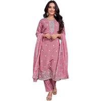 Shienzy Women's Embroidered Work Chanderi Kurta & Pant With Dupatta || Straight Kurta Outfits || Ethnic Set(1655_Pnk_Xl)