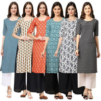 Pinkmint Women's Crepe Digital Print Straight Kurta [Pack Of 6] Multicolour