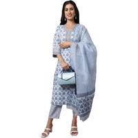 Tee Projekt Women's Cotton Blend Kurta Set With Dupatta | Kurta Set For Women | Festive Kurta Set For Women | Regular Fit Kurta Blue
