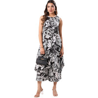 Janasya Women's Black & White Rayon Floral Printed A-Line Kurta With Culotte Set (Jaa25Cd01944-L)