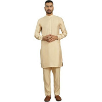 Jompers Men's Beige Solid Silk Blend Kurta With Churidar (Beige, M)