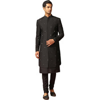 Kisah Men's Kurta Indo-Western Sherwani Churidar Set, Black Cotton Blend, Embroidered Regular Fit Mandarin Collar Long Sleeves (42)