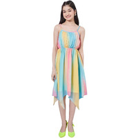 Pspeaches Girl's Striped Shoulder Strap Crepe Fit Flare Midi Dress Stylish Casual Wear (8-9Years) Multicolour