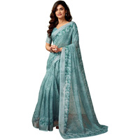 Satrani Women's Linen Zari Border Printed Ready To Wear One Minute Pre Pleated Readymade Saree With Unstitched Blouse Piece (33Rs318N_Dusty Blue)
