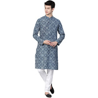 See Designs Blue & White Cotton Regular Fit Printed Kurta Set_Sdkt88501Xxl