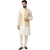 Sojanya (Since 1958 Men's Silk Blend Cream Kurta Pyjama & Beige Self Design Nehru Jacket Combo