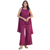 Stylum Women's Ethnic Motifs Printed Rayon Sleeveless Kurta Palazzo Dupatta Set (Kpdwinesamia42_Wine, Xl)