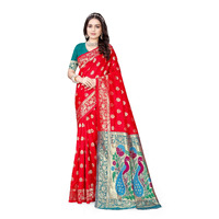 Sugathari Women's Banarasi Saree Pure Paithani Kanjivaram Silk Soft New Ladies 2024 Design Wear Pattu Sarees Latest Cotton Party Sari Collections With Blouse Piece For Wedding Sadi (Pari-203 Red)