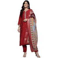 Varanga Women Red Round Neck Placement Embroidered Kurta Paired With Tonal Bottom & Printed Dupatta
