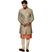 Kisah Men's Grey And Orange Indo-Western Kurta Sherwani Churidar Set Cotton Full Sleaves, Knee Length, Straight, Regular Fit, Mandarin Collar Ethnic Wear