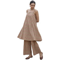 Fiorra Women's Beige Printed Cotton A-Line Kurta Set Set0188