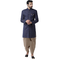 Kisah Men Navy Blue Printed Cotton Sherwani Set, Full Sleaves, Knee Length, Straight, Regular Fit, Mandarin Collar Ethnic Wear