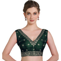 Pujia Mills Women's Indian Ethnic Wear Designer Golden Zari Embroidery Sequence Work V Neck Sleeveless Readymadeback Side Worked Saree Blouse Readymade Dark Green Blouse Lehenga Choli