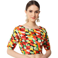 Pujia Mills Women's Blouse Printed Blouse Elbow Length Boat Neck Blouse Readymade Blouse Saree Blouse (Abstact Orange 38)