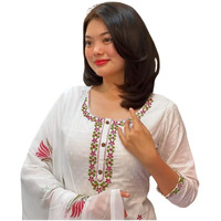 Shiv Textiles Women's Georgette Embroidered Kurta Pant Dupatta Set(Jda-Mia-White-L)