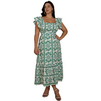 Shasmi Girl's & Women's White And Green Boho Random Print Casual Vacation Ruffled Square Neck Short Sleeve Summer Dresses With All Over Print Maxi, Dress For Women Elegant (Dress 229 Green-Xl)