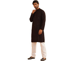 Sojanya (Since 1958 Men's Cotton Gold Embroidered Sequinned Brown Kurta With White Churidar Pyjama