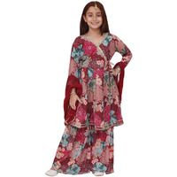 Preneum Girls's Cotton Rayon Printed Angrakha Kurta With Sharara & Dupatta, Maroon, 13-14 Years