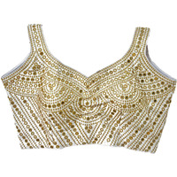 Pujia Mills Fancy Women's Foil Mirror And Thread Zari Work Sweetheart Neck Silk Sleeveless Blouse (Pc Bindi Foil Parent) (White-Gold Zari, 34)