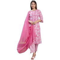Sanisa Women's Rayon Blend Floral Printed Straight Kurta With Pant And Dupatta Set (179Kbd1911N-L_Pink & White)