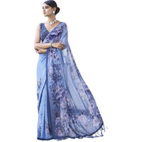 Shiv Textiles Women's Weightless Chiffon Floral Printed & Tassels Saree(Sat-535S- Blue & Multi)