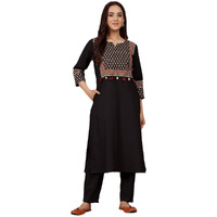 Varanga Women Jaipuri Ethnic Printed Yoke Straight Kurta Black