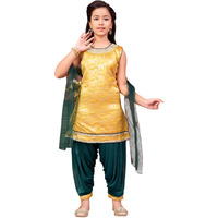 Aarika Girls Ethnic Wear Yellow-Green Colour Mirror Embroidery Brocade Kurti Patiala Set With Dupatta-5-13 Years (Pt-18138)