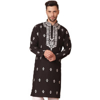 Jompers Men Black Chikankari Embroidered Kurtas (Black, Xl)