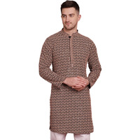 Jompers Men's Brown Sequin Embroidered Pure Cotton Kurtas (Brown, L)