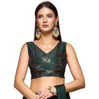 Oomph! Women's Indian Ethnic Wear Designer Botanical Pattern Zari Work V Neck Sleeveless Forest Green Color Brocade Readymade Blouse For Saree Or Lehnga And Fusion Twist. Xl