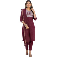 Sanisa Women's Cotton Embroidery And Mirror Work Straight Kurta With Pant And Dupatta Set (285Kbd2985N-Xl_Maroon)