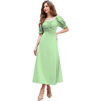 Shasmi Girl's & Women's Solid Pista A-Line Ruched Puff Sleeve Maxi Long Evening One Piece Long Dress For Women Stylish (Dress 131 Pista-Xl)