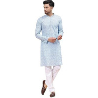 See Designs Men Mandarin Collar Sky Blue & White Pure Cotton Embroidered Staright Full Sleeve Kurta With Pajama - Sd2Ekt_126801Xs