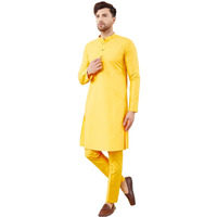 See Designs Men Full Sleeve Mandarin Collar Side Slit Yellow Cotton Solid Straight Kurta With Matching Pyjama - Sdkt2483-23M