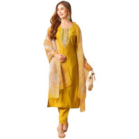 Shiv Textiles Women's Chanderi Silk Embroidered Kurta Pant Dupatta Set(Jda-Shree-Yellow-M)